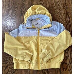 Hollister Women's Yellow‎ White Cropped Hooded Full Zip Windbreaker Size Medium